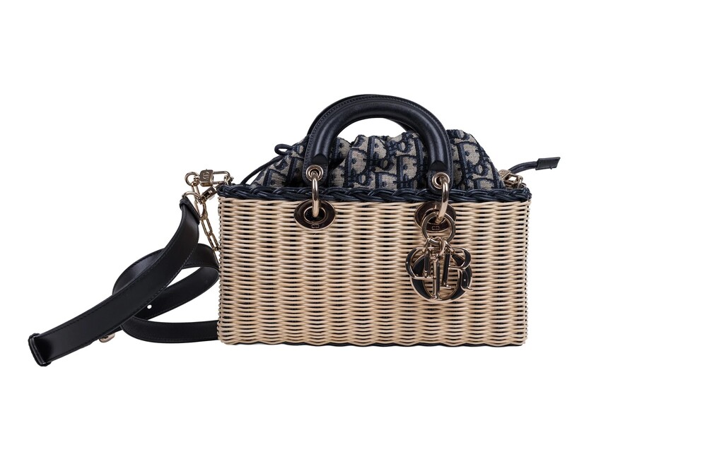 Christian Dior Beige Navy Lady D-Joy Medium Top Handle Bag Wicker Oblique Jacqua